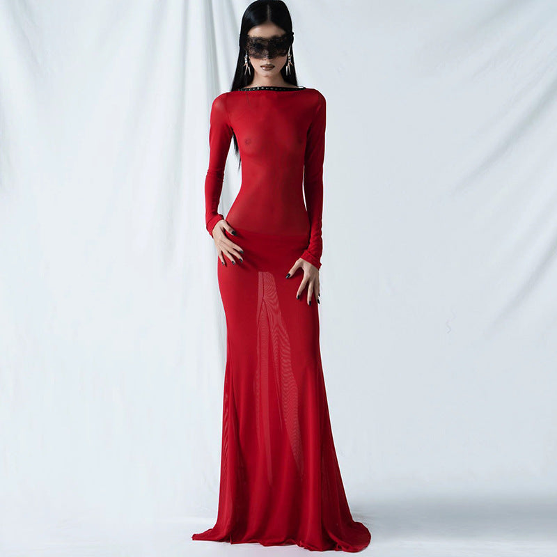 Lace-Up Long Sleeve Bodycon Maxi Dress