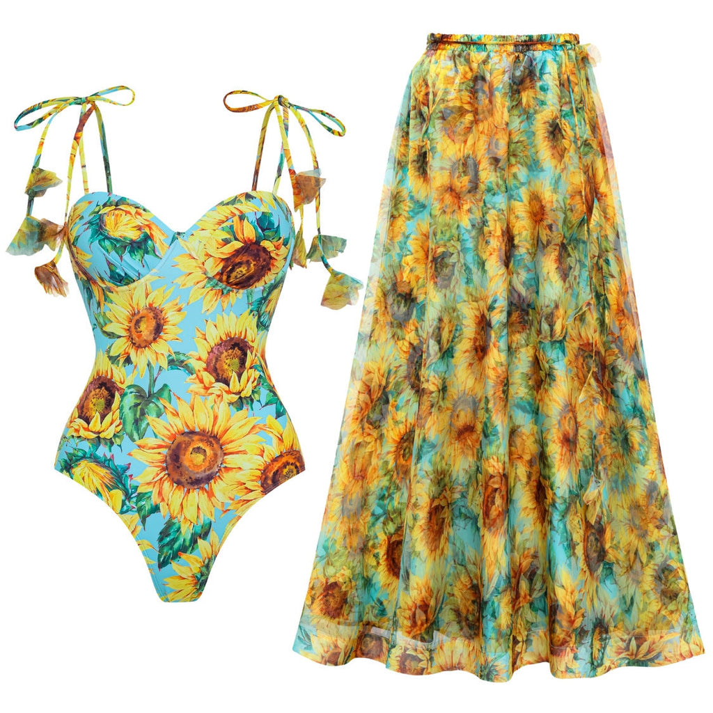 Sunflower Print Lace-Up One-Piece Swimsuit Set Bella Mia