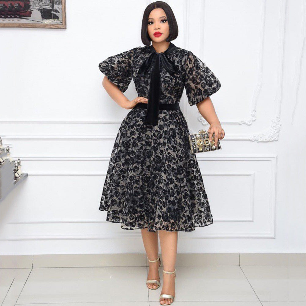 Floral Lace Puff-Sleeve Midi Dress
