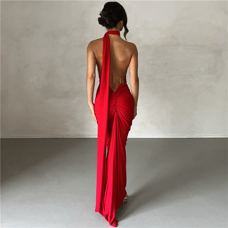 Halter Backless Ruched Bodycon Maxi Dress