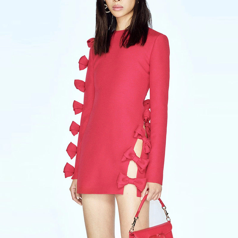 Early Autumn Star Personality Asymmetric Hollow Out Cutout Bow Dress Small Dress Ragazza