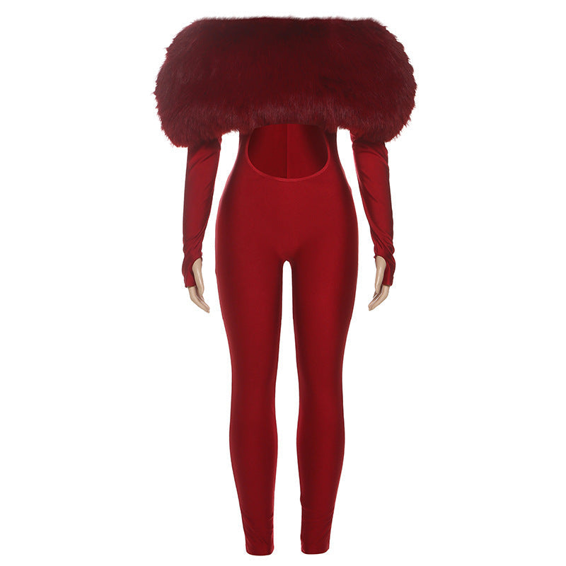 Off-Shoulder Furry Trim Long Sleeve Cropped Jumpsuit Bella Mia