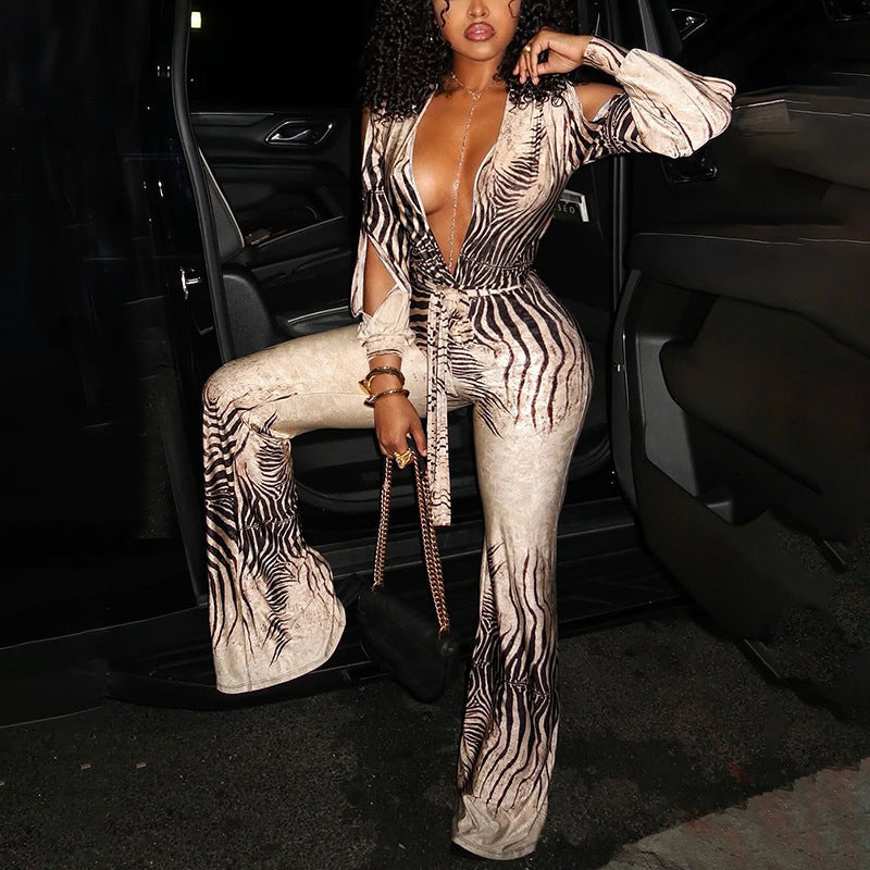 Deep V Off-Shoulder Top & High Waist Bootcut Jumpsuit Bella Mia