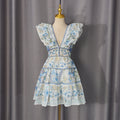 Summer Elegant Retro Fashionable Flying Sleeves Printed Deep V Plunge neck Waist Slimming Dress Ragazza