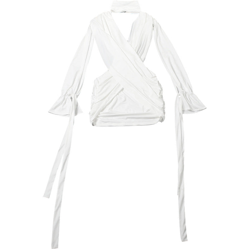Autumn Winter Women Solid Color Sexy Hollow Out Cutout Long Sleeved Deep V Plunge neck Cross Stitching Hip Dress