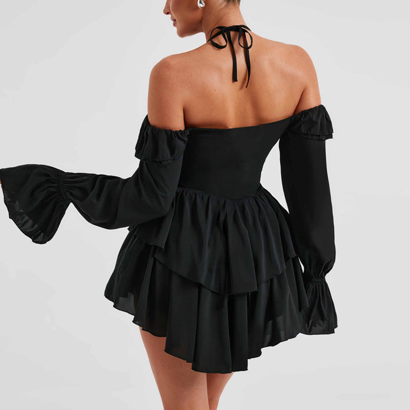 Halter Backless Ruffle Trumpet Sleeve Mini Dress