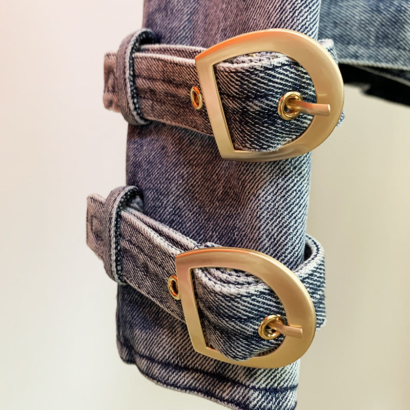 Women Coat Lion Buckle Slim Double Zipper Oblique Zipper Washed Denim Motorcycle Jacket Wanita Store