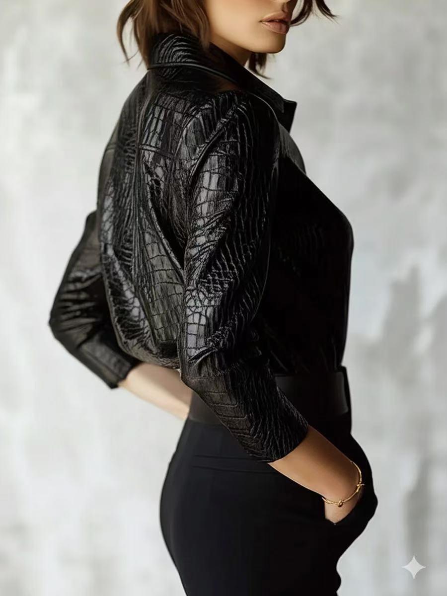 Glossy Faux-Leather Long-Sleeve Top