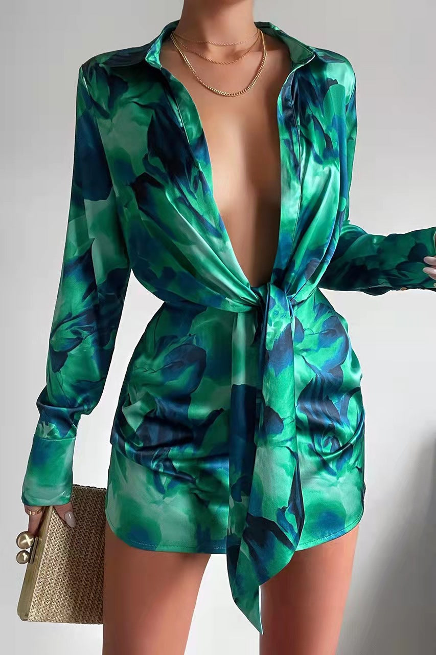 Green Floral Print Collared Long Sleeve Shirt Dress
