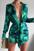 Green Floral Print Collared Long Sleeve Shirt Dress