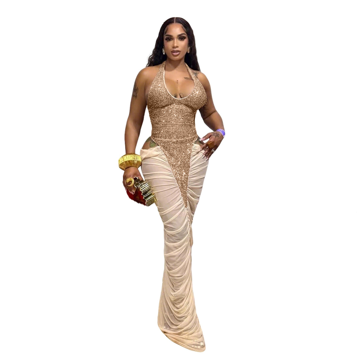 Sequin Ruffle High-Slit Halter Maxi Gown Bella Mia