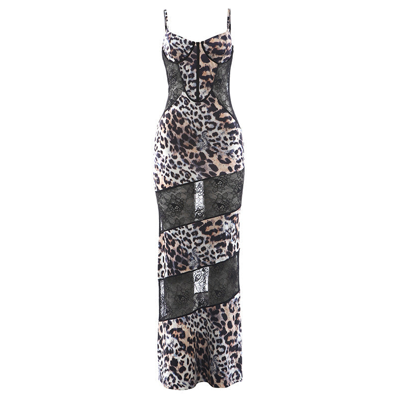 Spring Women Clothing Suspenders Leopard Print Lace Stitching Sexy See through Dress Bella Mia