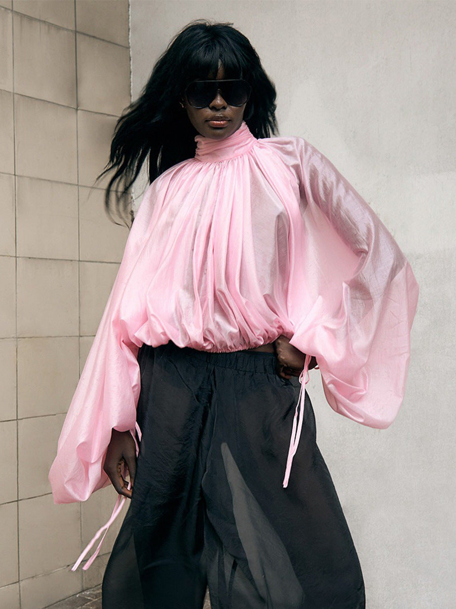 Turtleneck Long Sleeve Shirt Spring Summer Semi Transparent Lantern Sleeve Pleated Bud Turtleneck Shirt