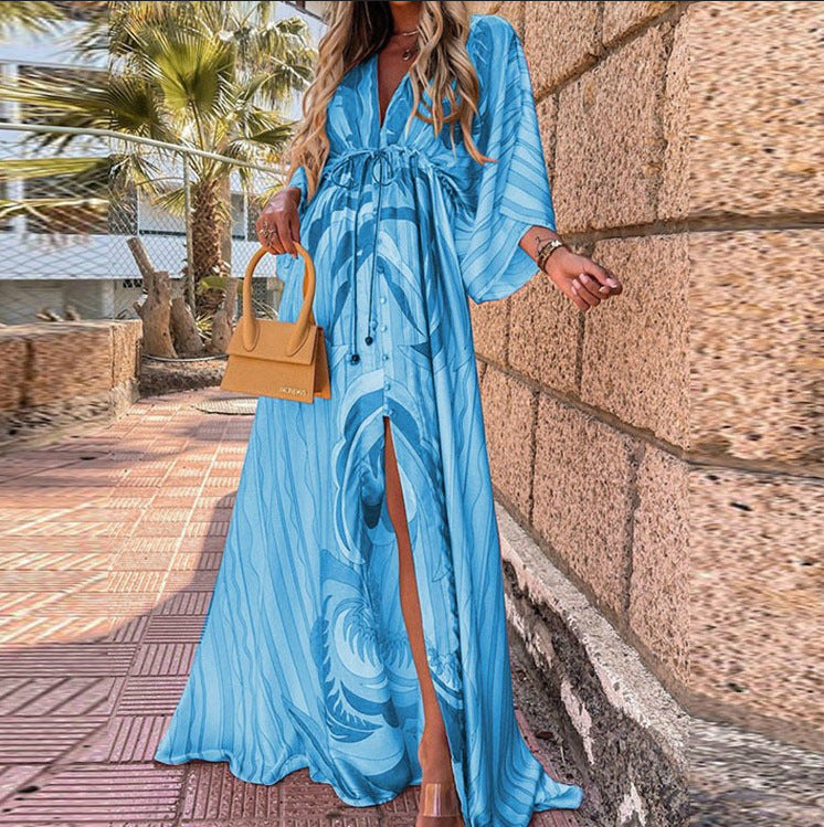 Women Clothing Spring Summer Casual Vacation V neck Printed Dress