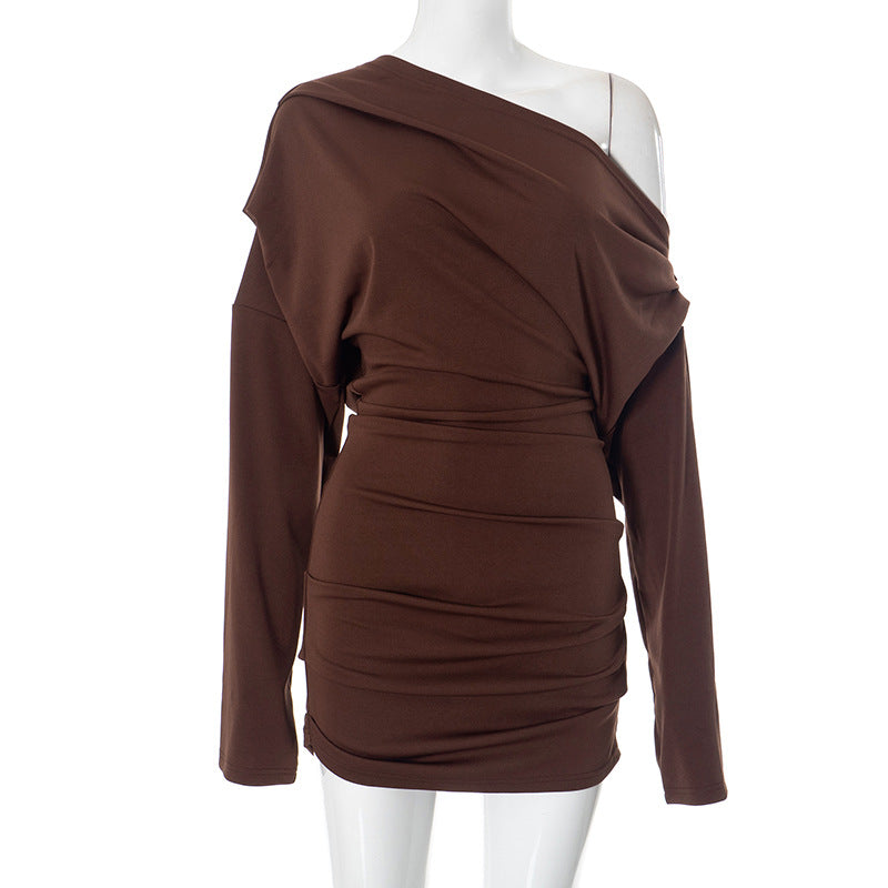 Women Sexy Mature Solid Color Long Sleeve off the Shoulder Upper Body Loose Short Dress Ragazza