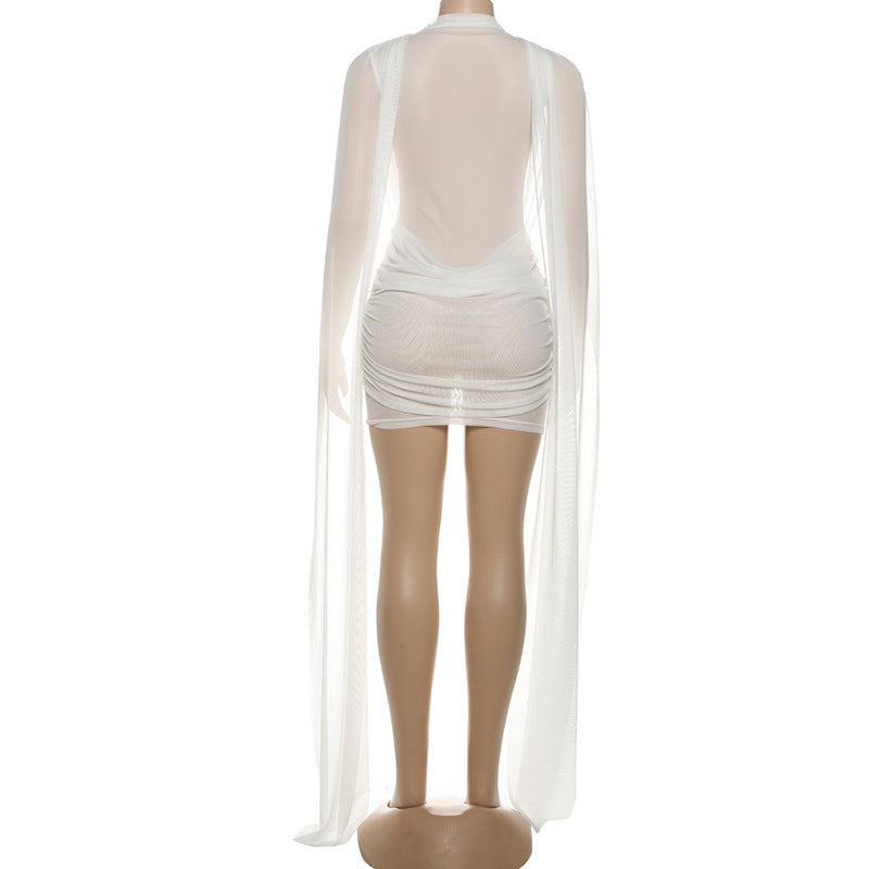 Autumn Winter Women Half Turtleneck Double Layer Stitching Mesh Ribbon Hip Wrapped Sexy Dress
