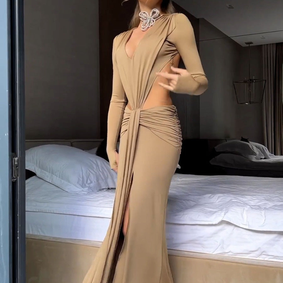Khaki V-Neck Backless Cutout Ruched Split Maxi Dress