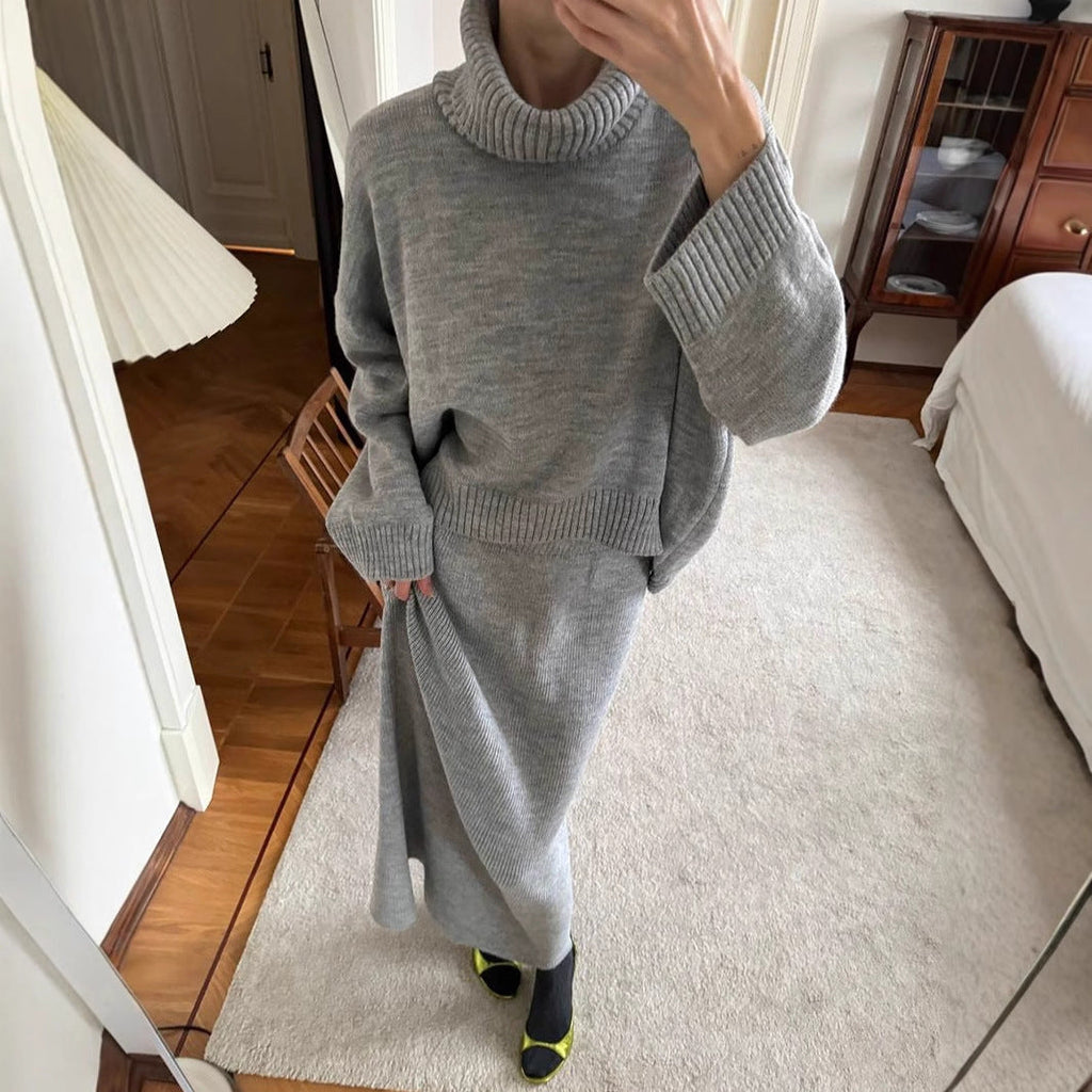 Turtleneck Loose Knit Sweater & Skirt Two-Piece Set Bella Mia