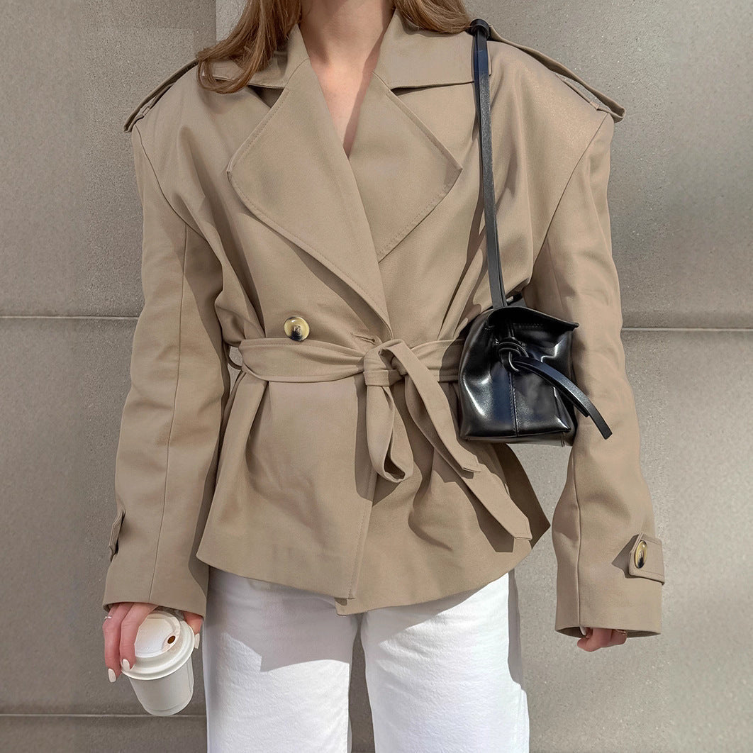 Autumn Design Trendy Casual Lace up Tight Waist Mid Length Khaki Trench Coat for Women Wanita Store