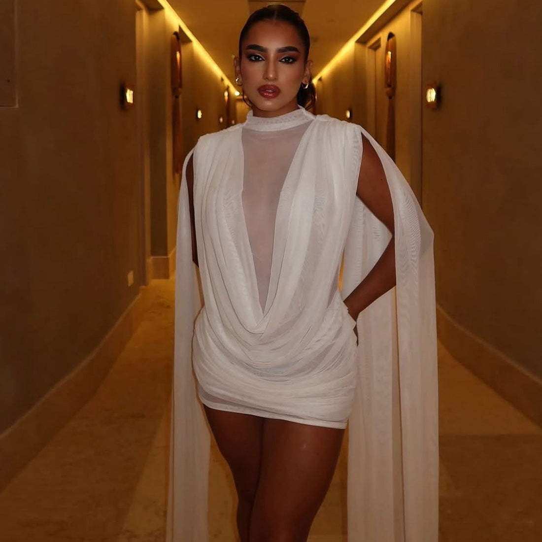 Autumn Winter Women Half Turtleneck Double Layer Stitching Mesh Ribbon Hip Wrapped Sexy Dress Ragazza