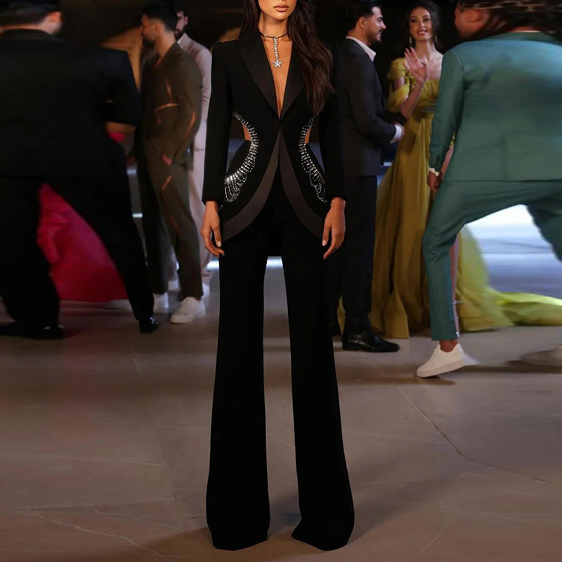 Summer Star Personality Hollow Out Cutout out Rhinestone Blazer Trousers Two Piece Sets Wanita Store