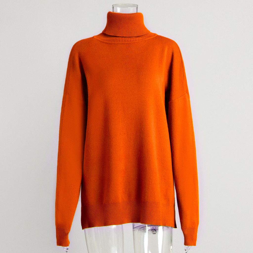 Turtleneck Slit Loose Solid Knit Sweater Bella Mia