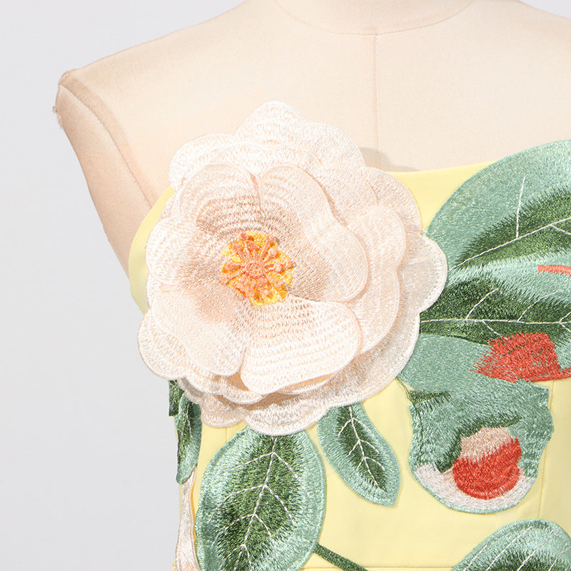 Summer Embroidery Three Dimensional Floral Sleeveless Tube Top Slimming Dress Women