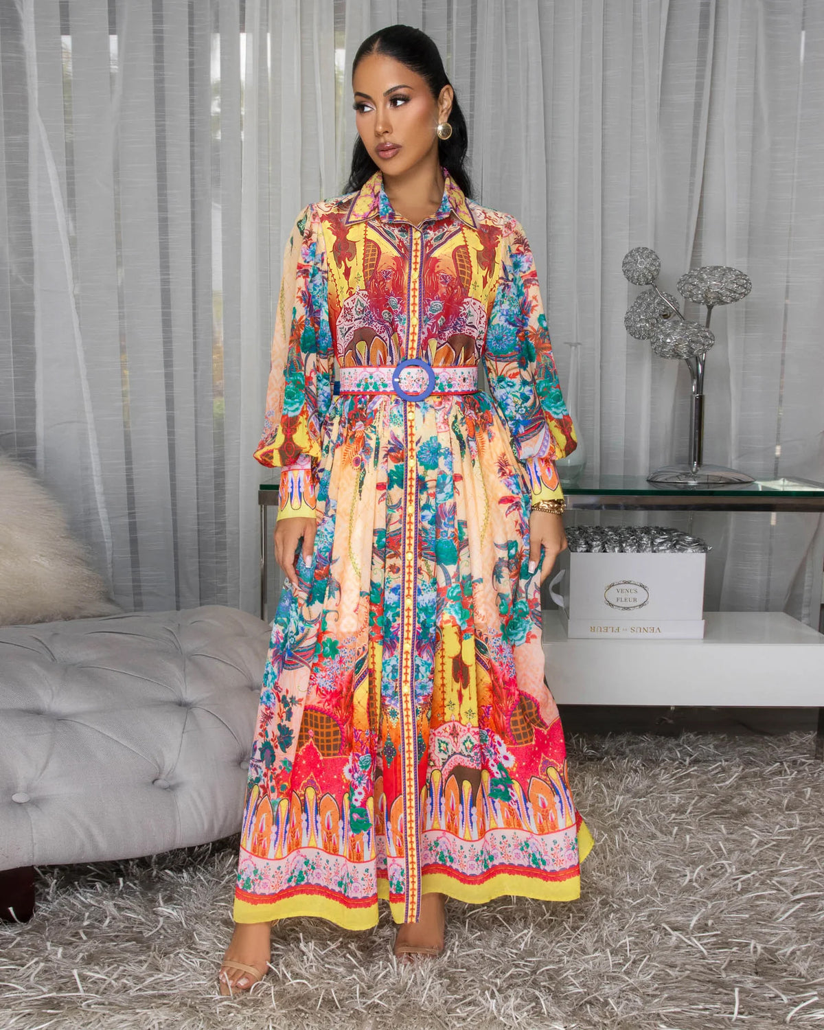 Fall Lapel Lantern-Sleeve Ethnic Print Maxi Dress