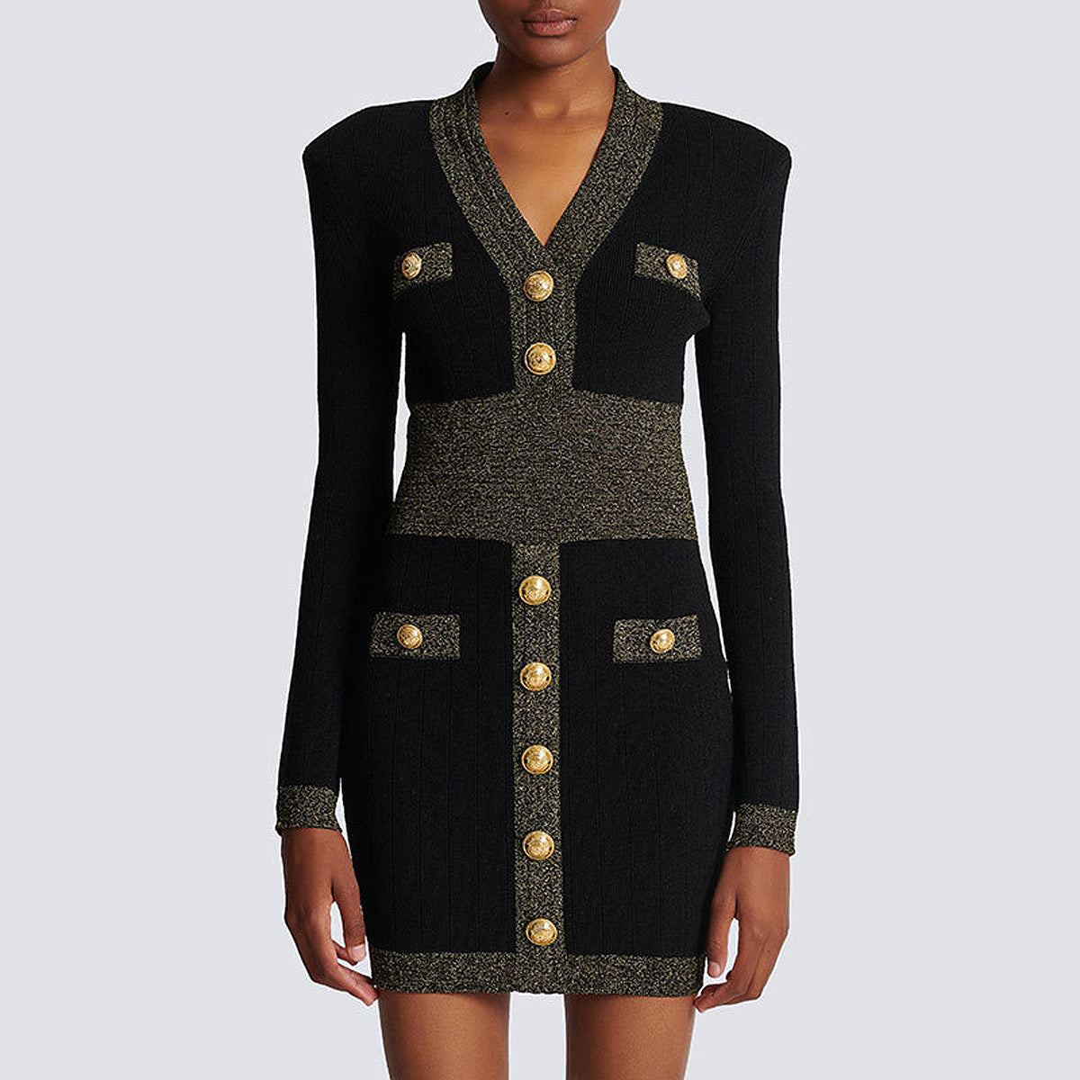 Black Gold Silk Stitch V-Neck Long Sleeve Knit Bodycon Mini Dress
