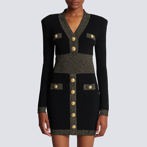 Black Gold Silk Stitch V-Neck Long Sleeve Knit Bodycon Mini Dress Ragazza