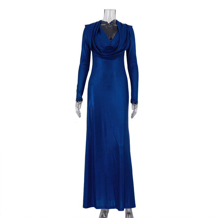 Elegant Dress Women Solid Color Long Sleeve Swing Collar Hooded Slim Fit High Waist Sheath Dress