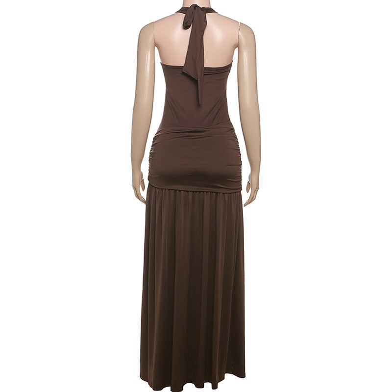 Women Clothing Summer Sexy Halter Strap Backless Slim Fit Fold Split Dress