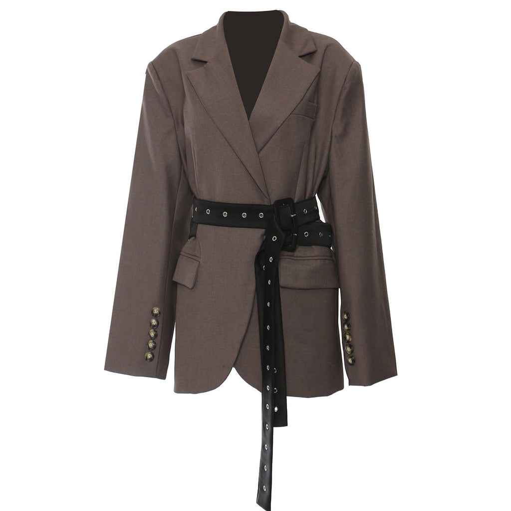Autumn Winter Double Belt Deconstruction Blazer Tops Women