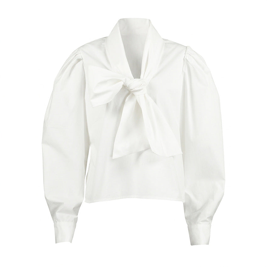 Fall Pure Cotton Shirt Women Bow Bandage Loose Casual Long Sleeves All Matching Women Wear Bella Mia