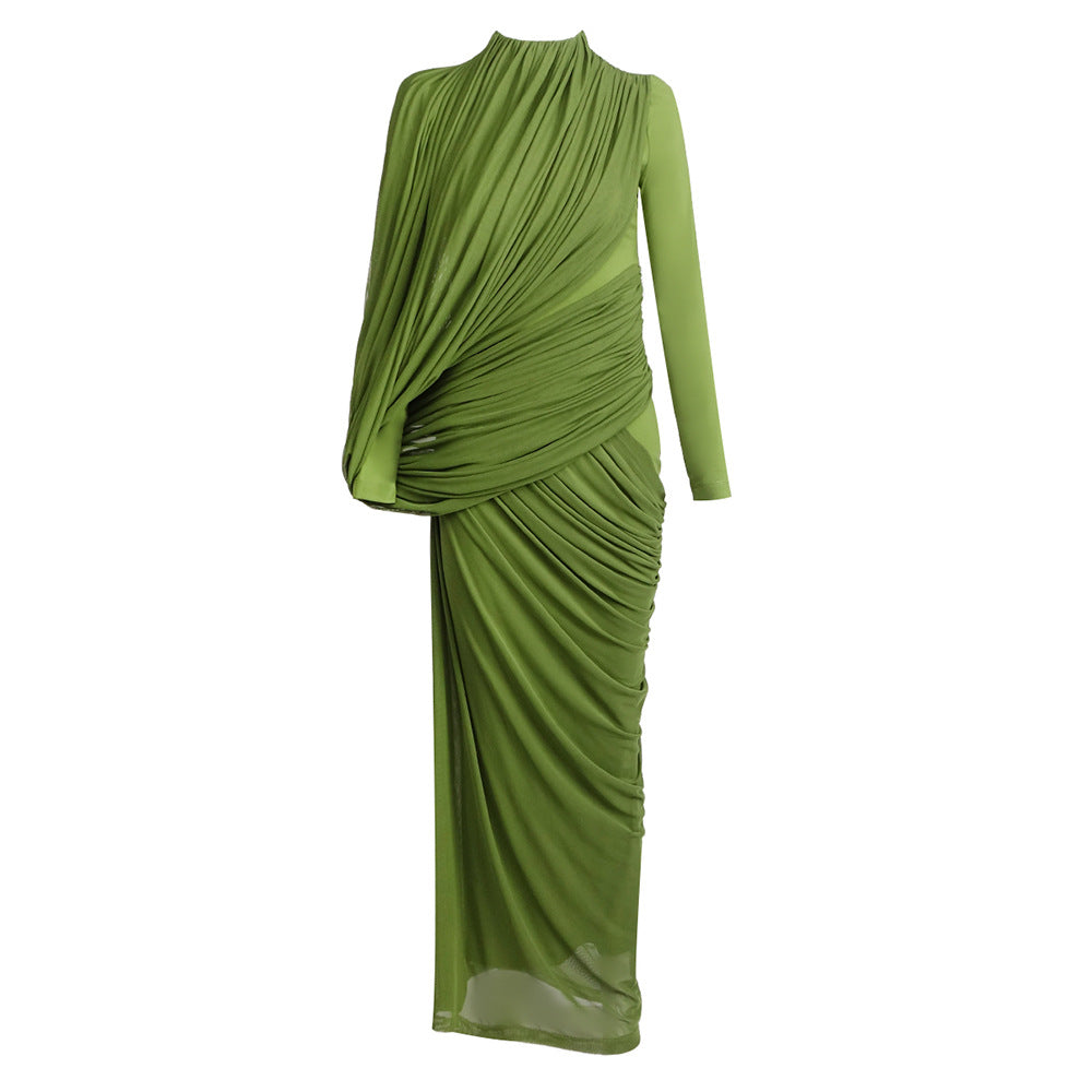 Dress Winter round Neck Green Pleated Long Sleeve Wanita Store