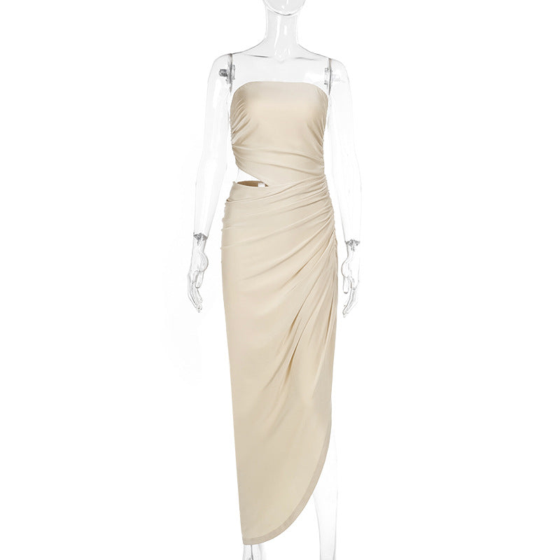 Apricot Strapless Ruched Cutout Asymmetric Midi Dress