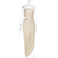 Apricot Strapless Ruched Cutout Asymmetric Midi Dress