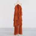 Elegant Lady Patchwork Ruffled Maxi Dress Early Spring Halter Backless Design Maxi Dress Women Bella Mia
