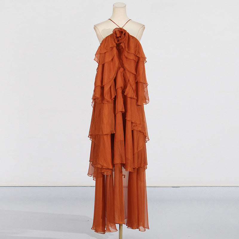 Elegant Lady Patchwork Ruffled Maxi Dress Early Spring Halter Backless Design Maxi Dress Women Bella Mia