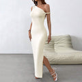 Light Apricot One-Shoulder Ruched Asymmetric Split Maxi Dress