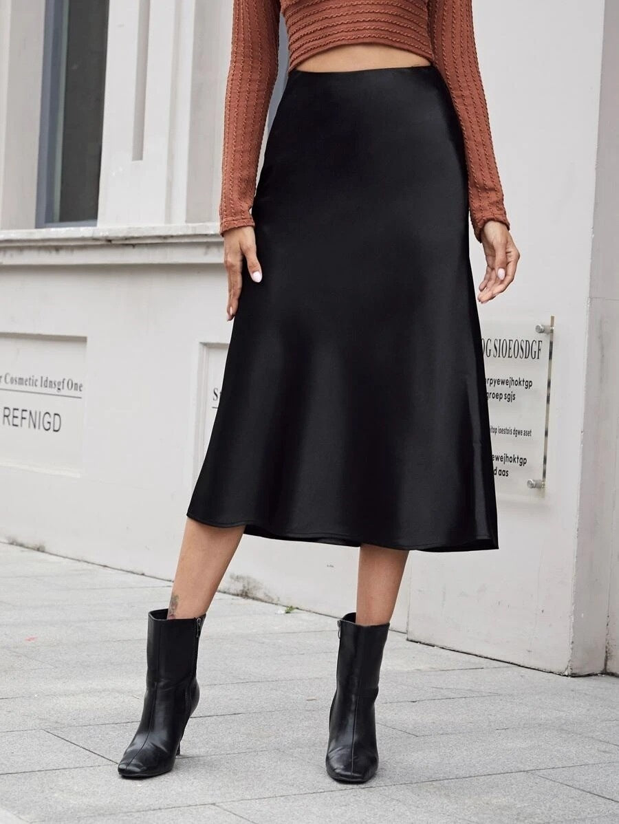 High Waist Zipper Satin Midi Skirt Bella Mia