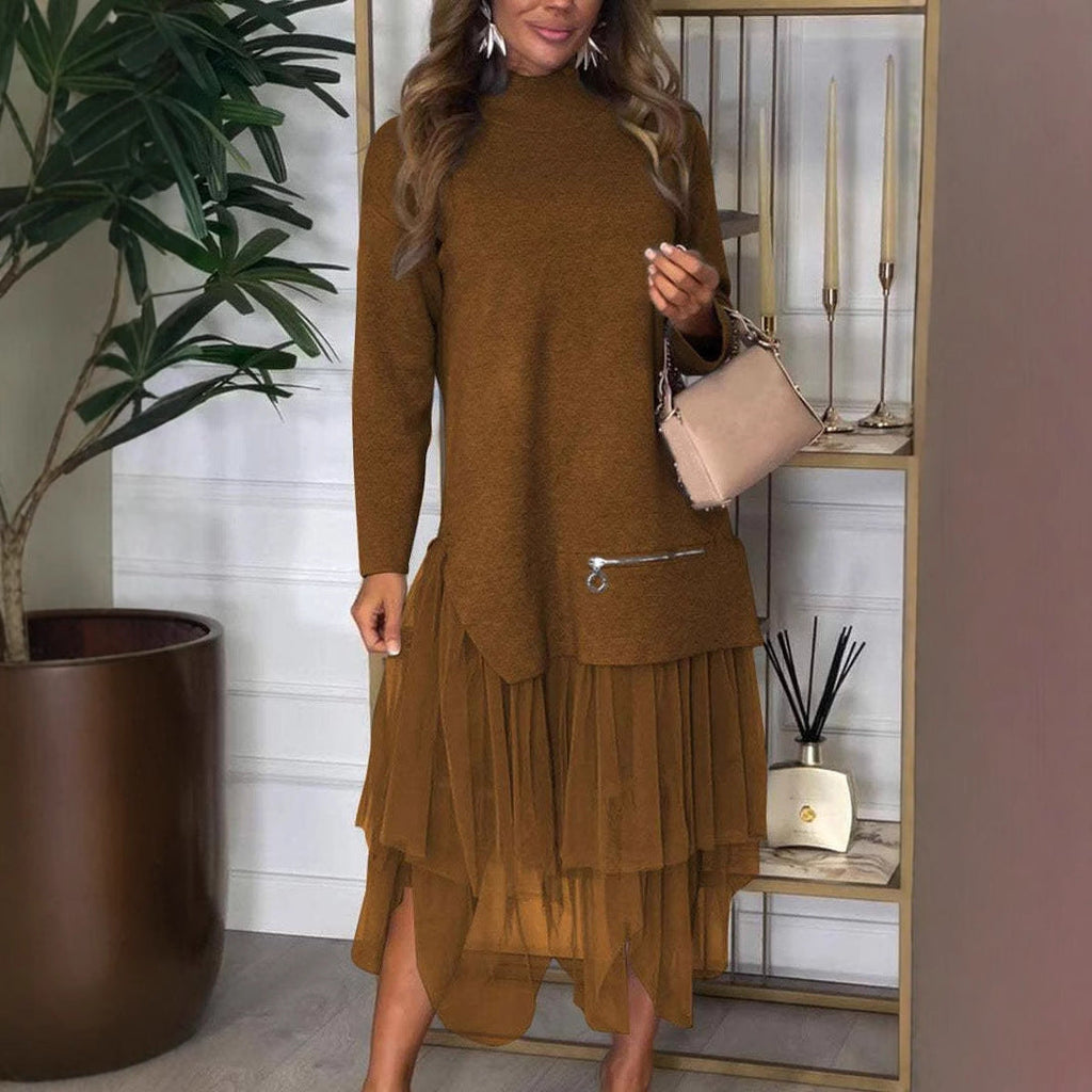 Autumn Winter Women Casual Mesh Stitching Dress Ragazza
