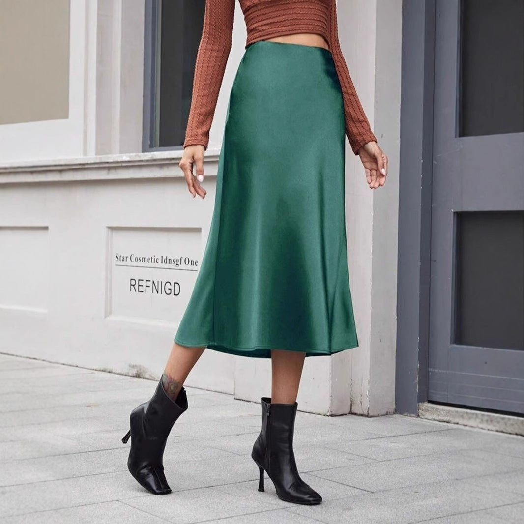 High Waist Zipper Satin Midi Skirt Bella Mia