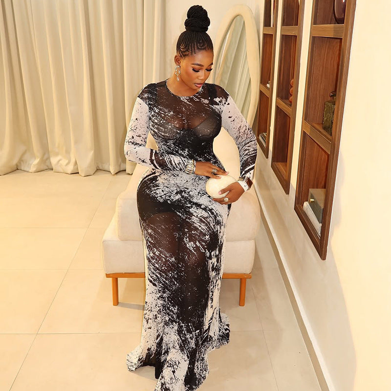 Personality Women Printed Wear Straight Hip Colorblock round Neck Long Sleeved Dress Ragazza