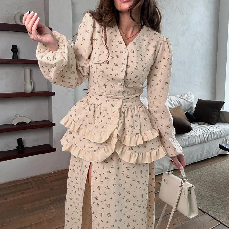 French Design Ruffled Waist Seal Printed V neck Puff Sleeve Elegant Split Dress Women Clothing Ragazza
