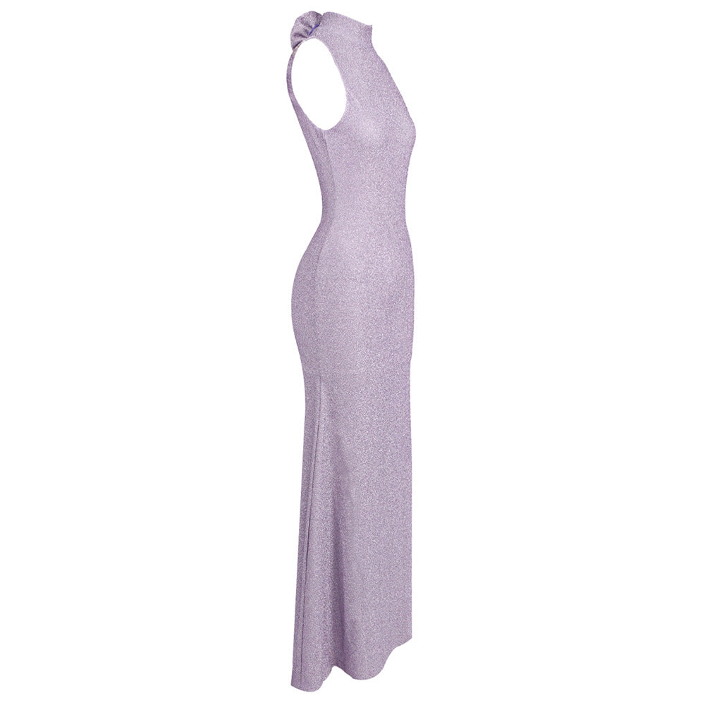 Women Clothing Sleeveless Tight Floral Dress round Neck Solid Color Beach Dress