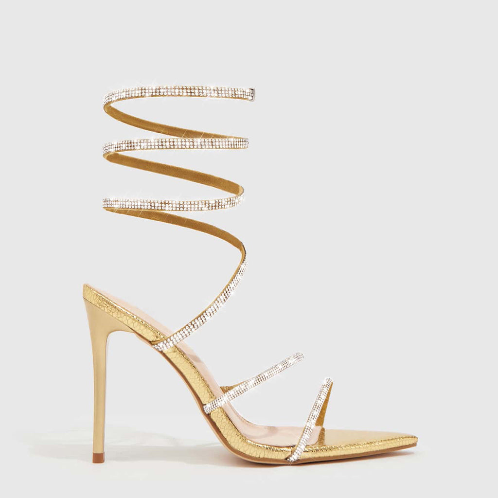 Metal Toe Rhinestone Lace-Up 11cm Pointed Stiletto Sandals