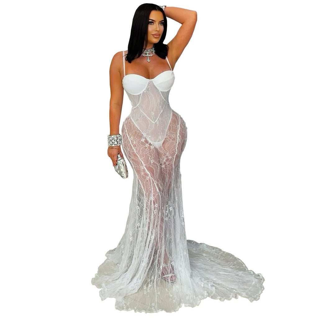 Women Wear Sexy Sling Lace See through Formal Dress