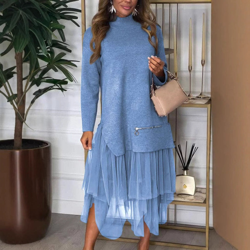 Autumn Winter Women Casual Mesh Stitching Dress Ragazza