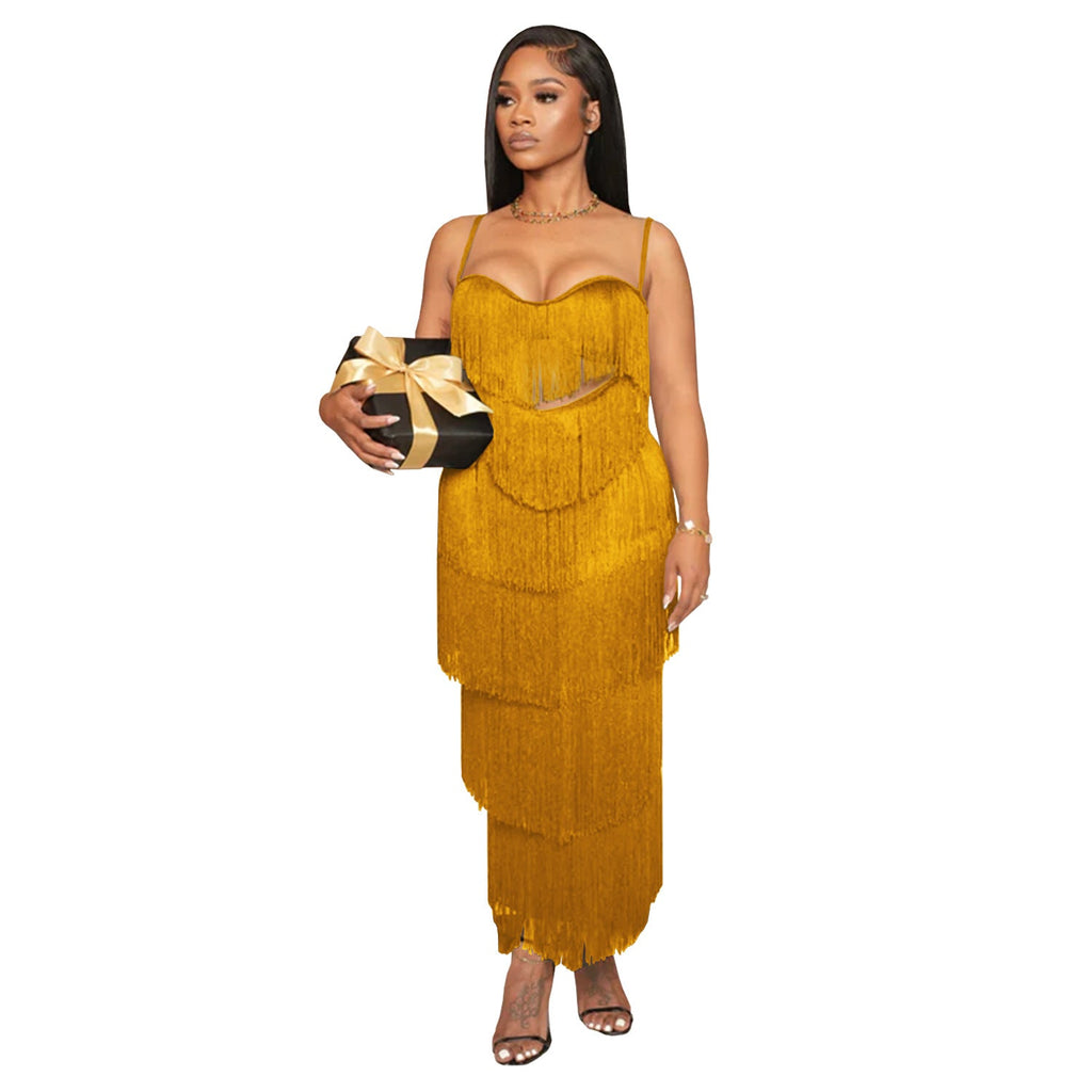 Women Wear Sexy Strap Backless Tassel Maxi Dress